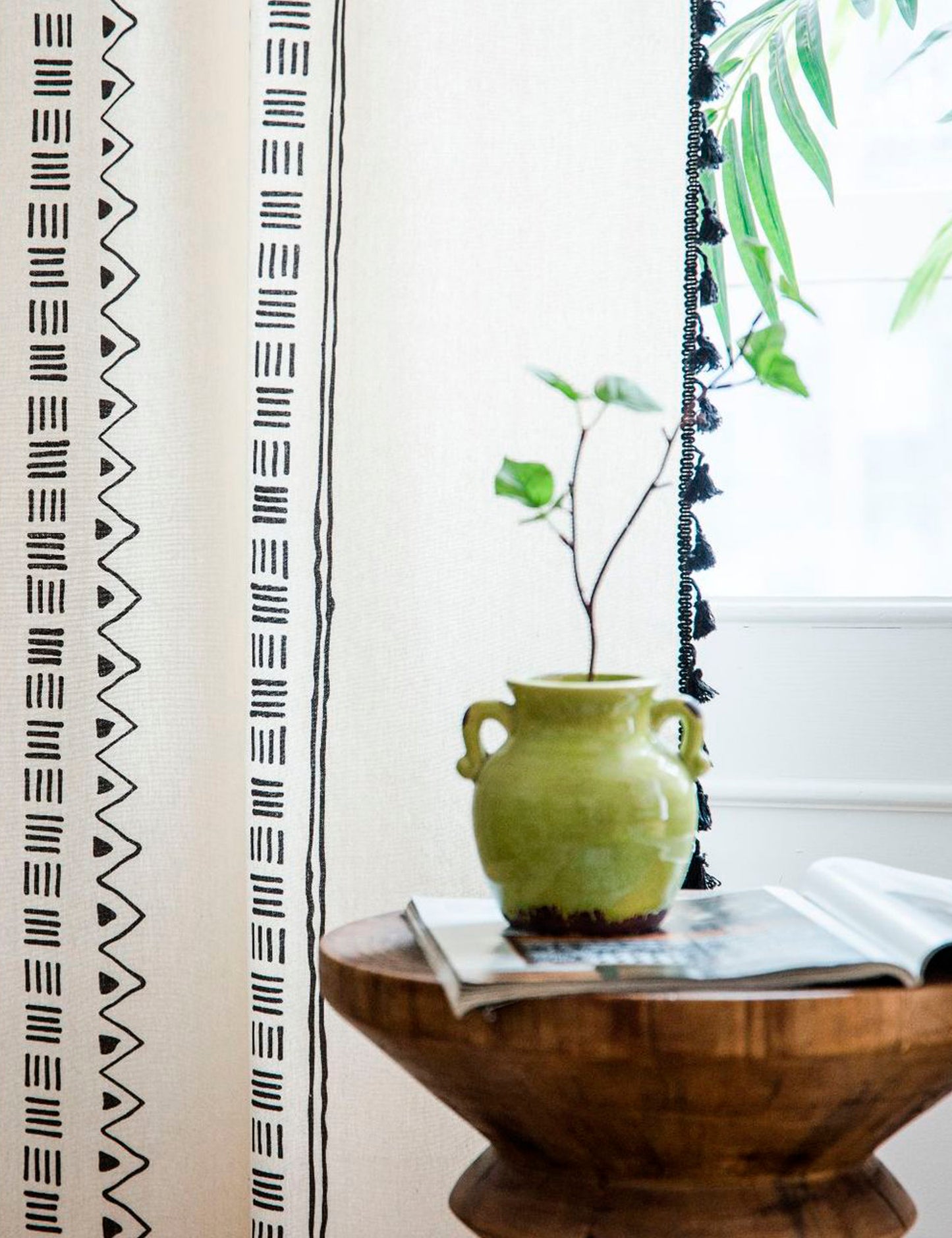 Aliacasia Boho Curtains Bohemian Window Curtains with Black Geometric Pattern and Tassels Fringe Cotton Drapery for Living Rooms & Bay Windows Light-Filtering Farmhouse Curtain, 1 Panel A02