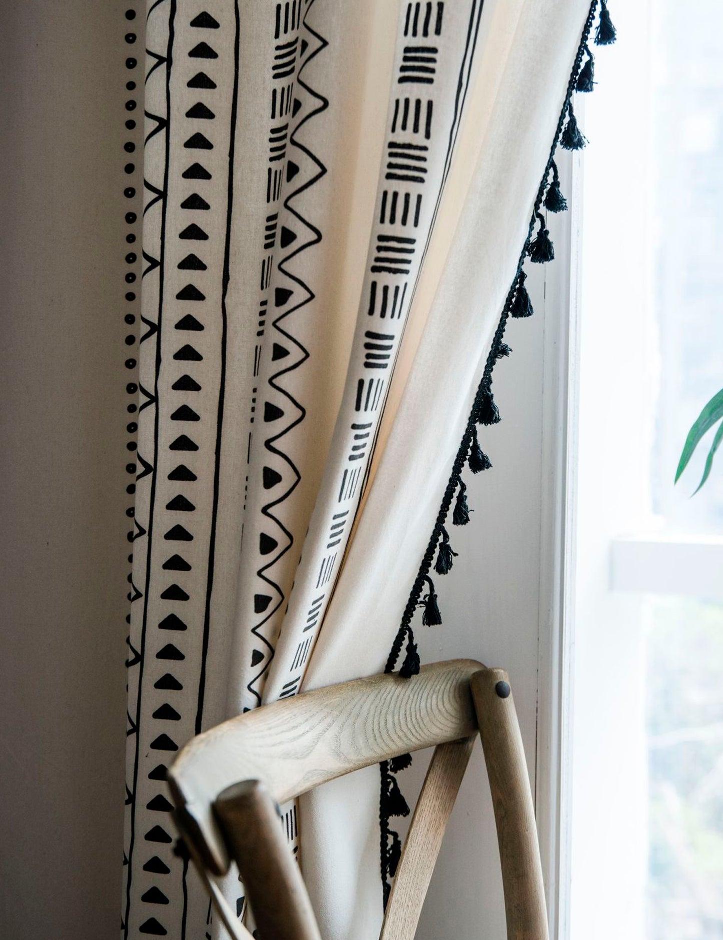 Aliacasia Boho Curtains Bohemian Window Curtains with Black Geometric Pattern and Tassels Fringe Cotton Drapery for Living Rooms & Bay Windows Light-Filtering Farmhouse Curtain, 1 Panel A02