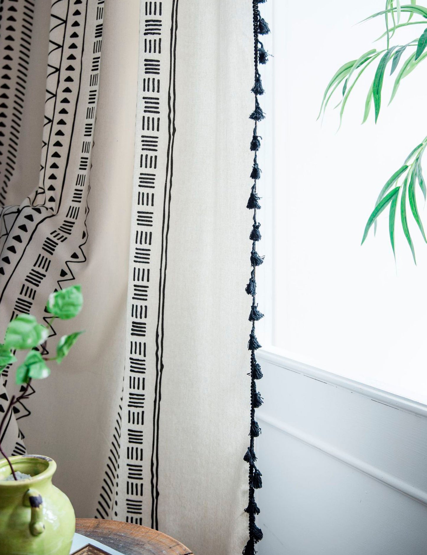 Aliacasia Boho Curtains Bohemian Window Curtains with Black Geometric Pattern and Tassels Fringe Cotton Drapery for Living Rooms & Bay Windows Light-Filtering Farmhouse Curtain, 1 Panel A02