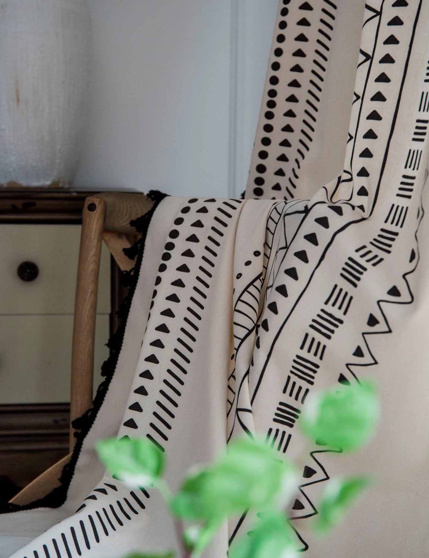 Aliacasia Boho Curtains Bohemian Window Curtains with Black Geometric Pattern and Tassels Fringe Cotton Drapery for Living Rooms & Bay Windows Light-Filtering Farmhouse Curtain, 1 Panel A02