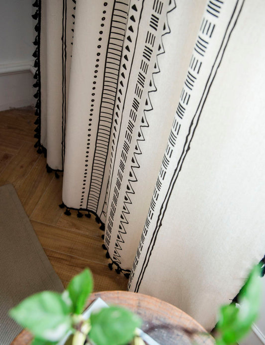 Aliacasia Boho Curtains Bohemian Window Curtains with Black Geometric Pattern and Tassels Fringe Cotton Drapery for Living Rooms & Bay Windows Light-Filtering Farmhouse Curtain, 1 Panel A02