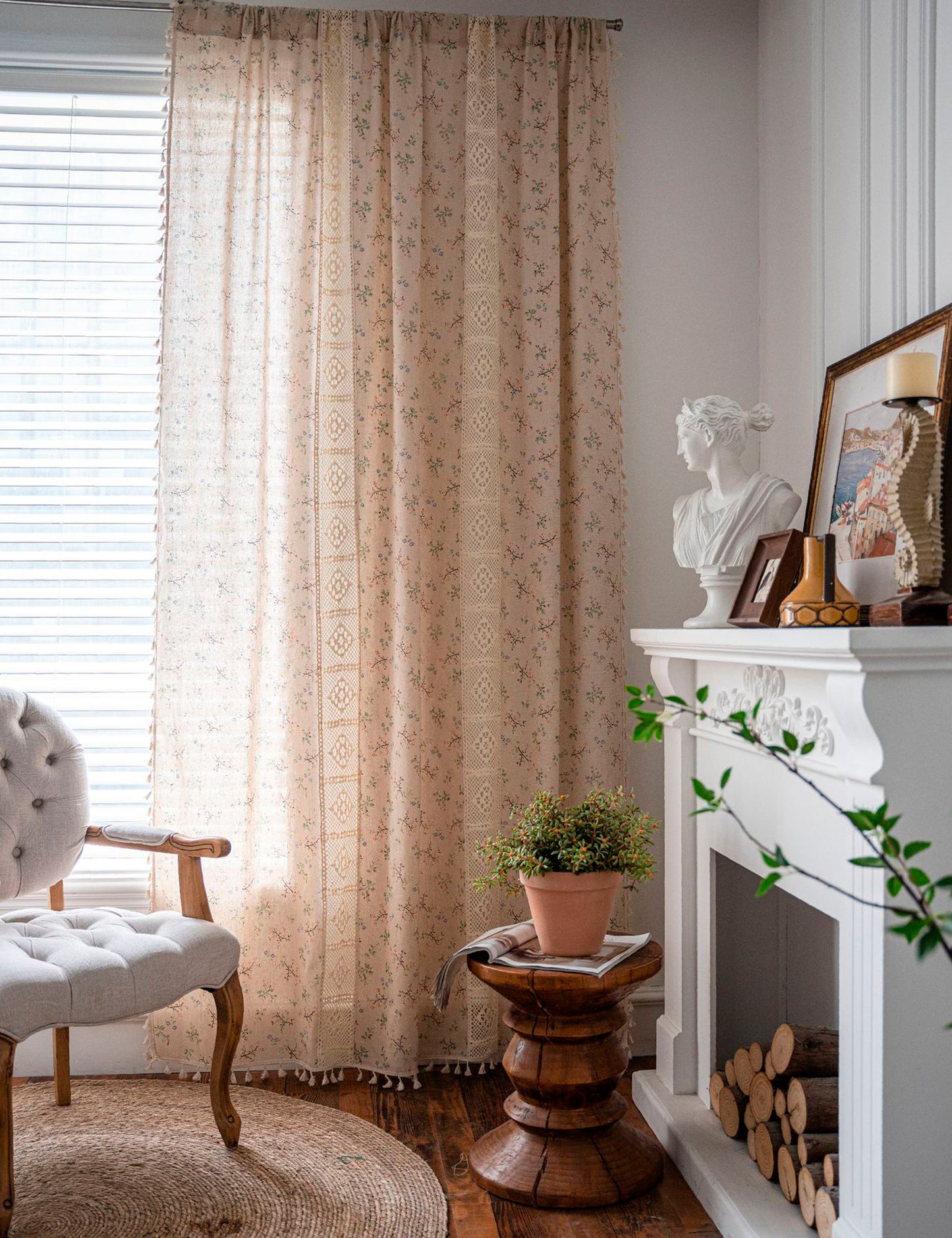 Aliacasia Floral Boho Curtains Lace Semi-Sheer Bohemian Knitted Handmade Tassels, Vintage Rustic Farmhouse Bohemian Window Curtain Panels for Living Bedroom, 1 Panel A01