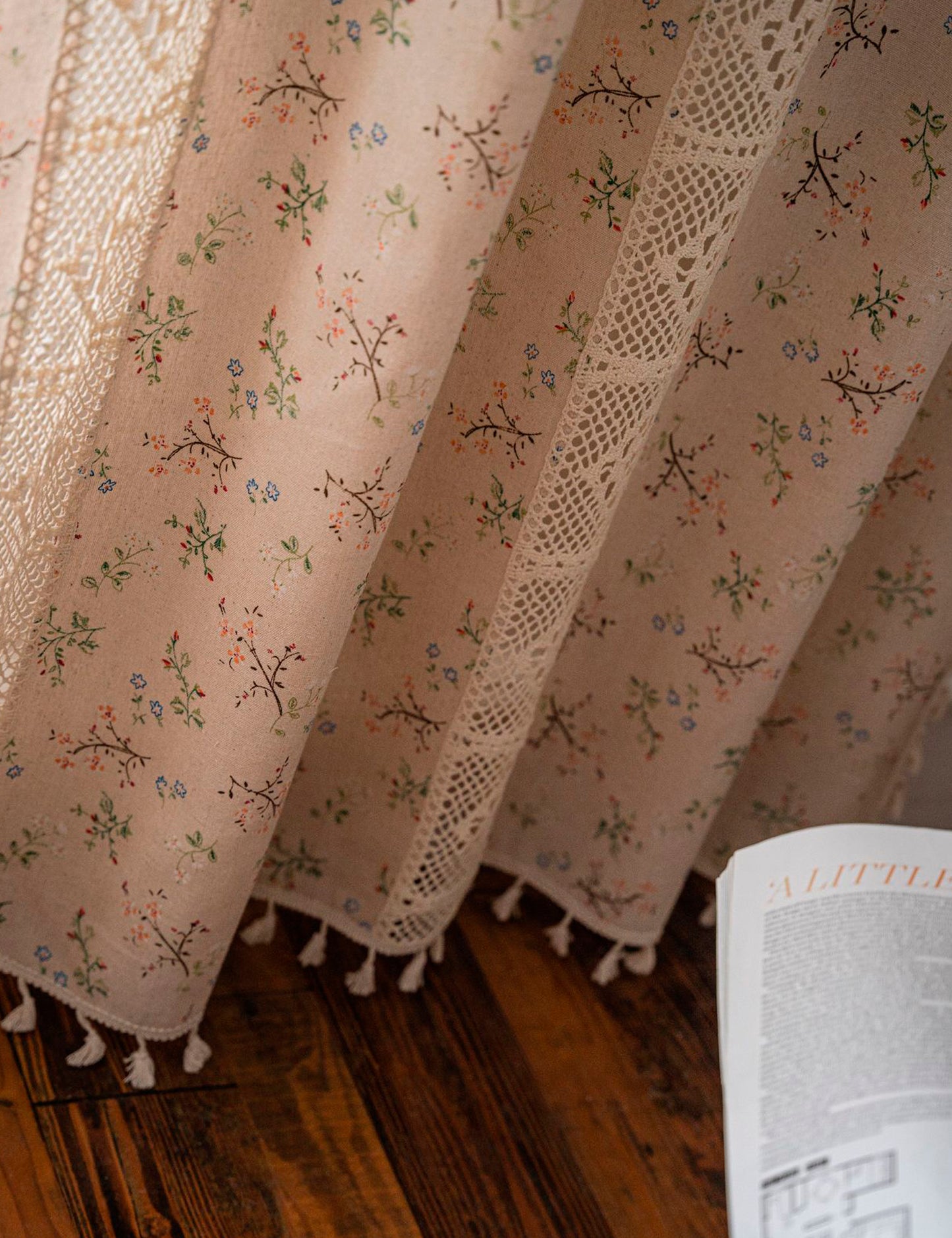 Aliacasia Floral Boho Curtains Lace Semi-Sheer Bohemian Knitted Handmade Tassels, Vintage Rustic Farmhouse Bohemian Window Curtain Panels for Living Bedroom, 1 Panel A01
