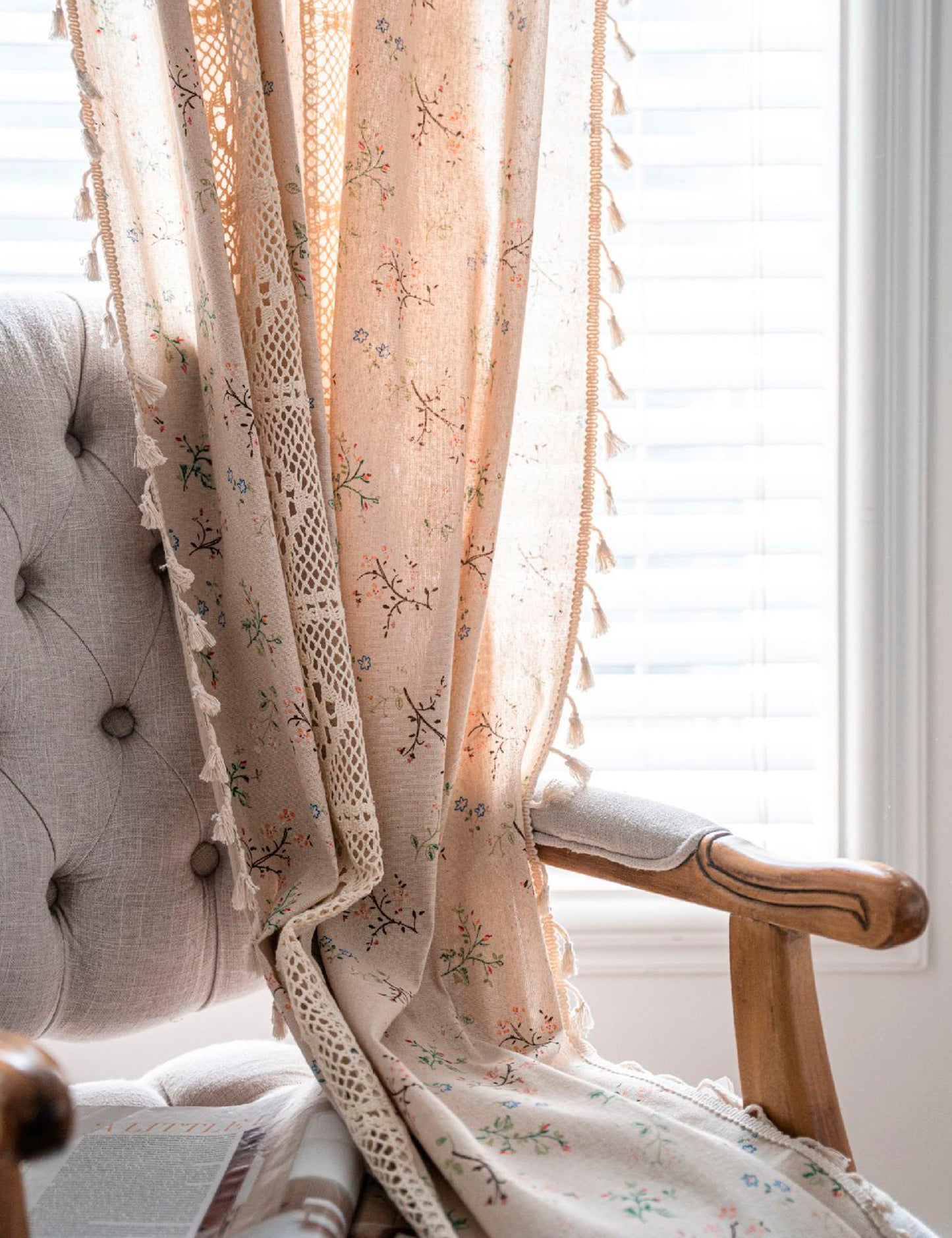 Aliacasia Floral Boho Curtains Lace Semi-Sheer Bohemian Knitted Handmade Tassels, Vintage Rustic Farmhouse Bohemian Window Curtain Panels for Living Bedroom, 1 Panel A01