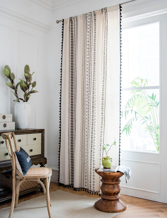 Aliacasia Boho Curtains Bohemian Window Curtains with Black Geometric Pattern and Tassels Fringe Cotton Drapery for Living Rooms & Bay Windows Light-Filtering Farmhouse Curtain, 1 Panel A02