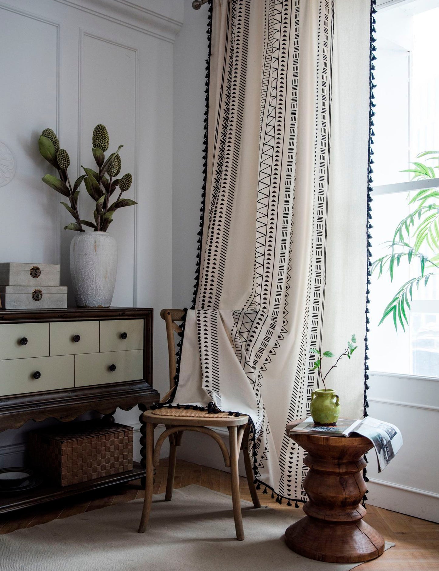 Aliacasia Boho Curtains Bohemian Window Curtains with Black Geometric Pattern and Tassels Fringe Cotton Drapery for Living Rooms & Bay Windows Light-Filtering Farmhouse Curtain, 1 Panel A02