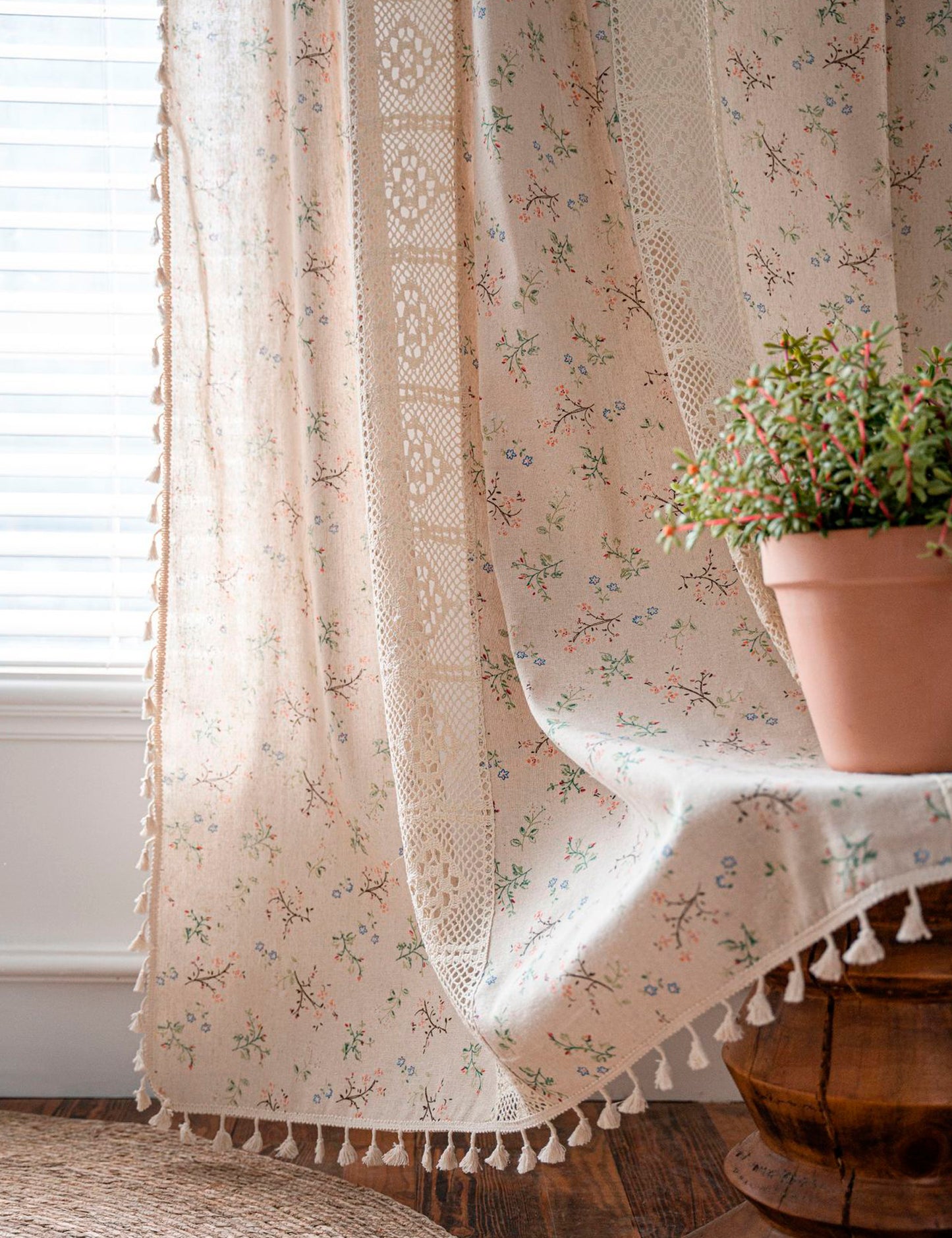 Aliacasia Floral Boho Curtains Lace Semi-Sheer Bohemian Knitted Handmade Tassels, Vintage Rustic Farmhouse Bohemian Window Curtain Panels for Living Bedroom, 1 Panel A01